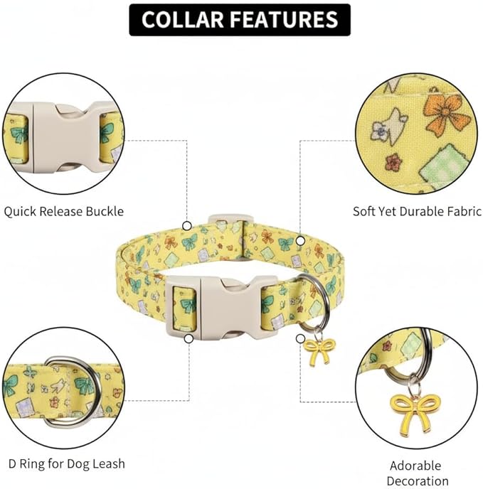 Dog Collars for Medium Dogs, Yellow Dog Collar with Cute Bow Print and Charm, Adjustable Medium Collar for Girl Female Dogs