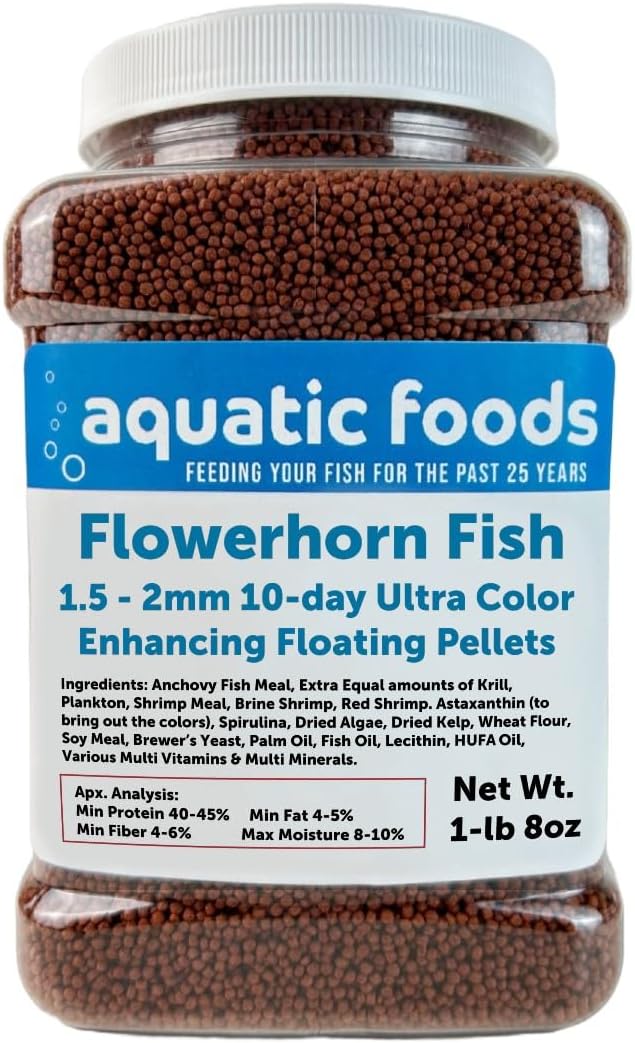 Aquatic Foods Inc. Flowerhorn Fish Ultra Red Color Enhancing 1.5mm-2mm Floating Pellets. Color Enhancing in 10-Days for Baby, Juvenile and Adult Flowerhorn…1-lb 8oz Medium Jar