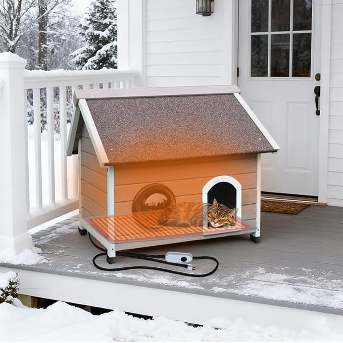 Rockever Heated Outdoor Cat House, 100% Weatherproof Heated Cat House for Outside Cats Winter with Heating Pad, Safe Escape Door and Clear Windows for 2 Cat