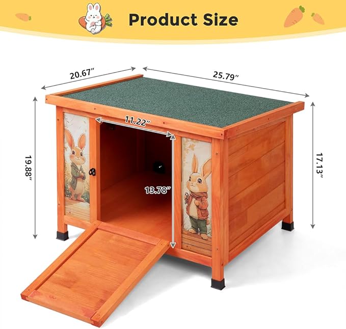 COZIWOW 24 Inch Rabbit Hutch Outdoor, Weatherproof Cat House, Bunny Cage Indoor with Non-Slip Ramp, Portable Wooden Shelter for Rabbits, Feral Cats, Chicken, Duck & Other Small Animals (Orange)