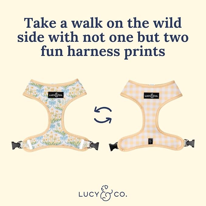 Lucy & Co. Sunshine and Daffodils Reversible Dog Harness, Adjustable Comfort Fit with Dual Leash Attachments, Small