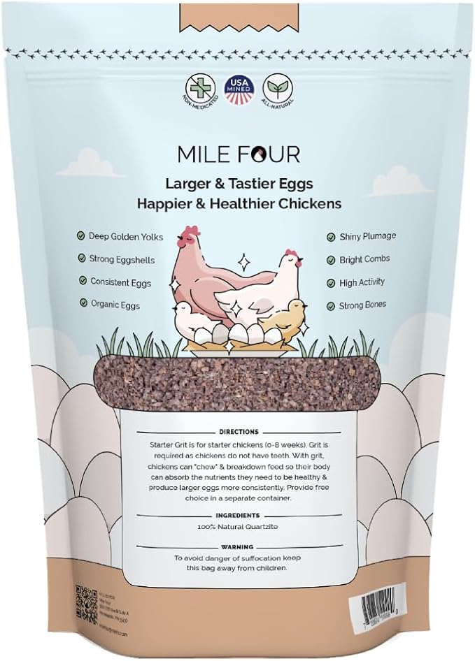 Mile Four Chick Grit for Baby Chicks - Chickens Age 0-8 Weeks, 100% Natural Mineral Chick Grit Quartzite, Poultry Grit Digestive Aid, USA Mined, 4 lbs