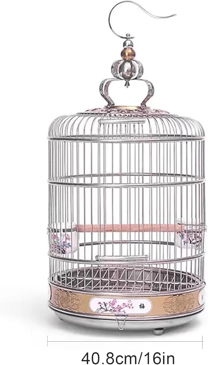 Portable Hanging Bird Cage, Stainless Steel Travel Cage for Canaries, Parakeets & Small Birds with Wooden Pole & Ceramic Cup, for Pet Starlings