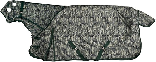 AJ Tack 1200D Waterproof Winter Horse Blanket with Hood - 400g Heavyweight Turnout with Fleece Collar, Shoulder Gussets & Tail Flap - Camouflage 74"