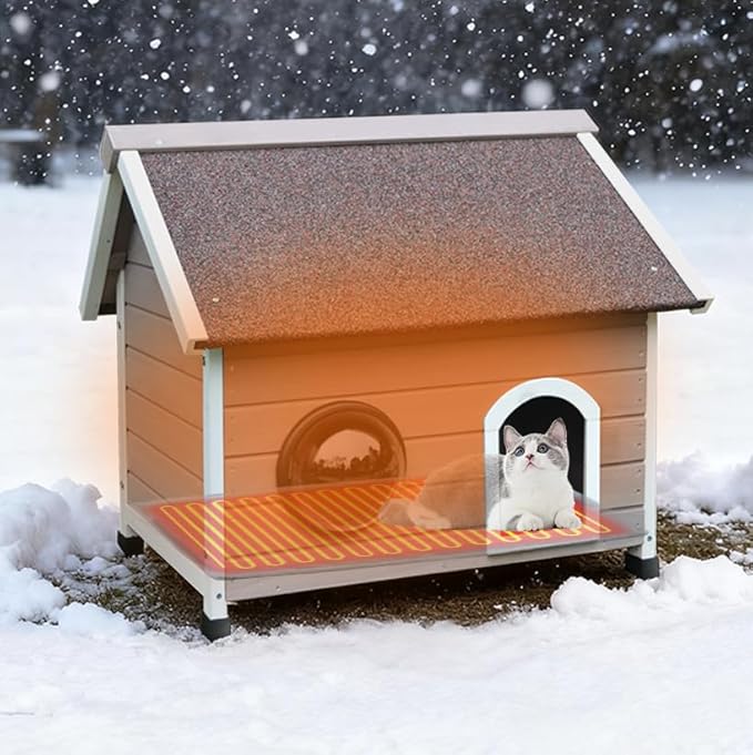Rockever Heated Outdoor Cat House, 100% Weatherproof Heated Cat House for Outside Cats Winter with Heating Pad, Safe Escape Door and Clear Windows for 2 Cat