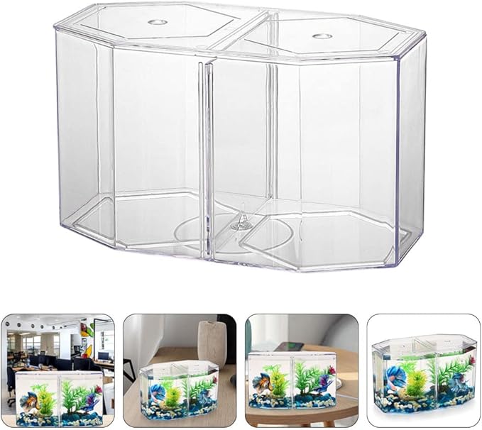 Acrylic Fish Tank Isolation Box with Two Compartments for Betta and Small Tropical Fish Clear Octagonal Breeding Tank Suitable for Home Aquarium