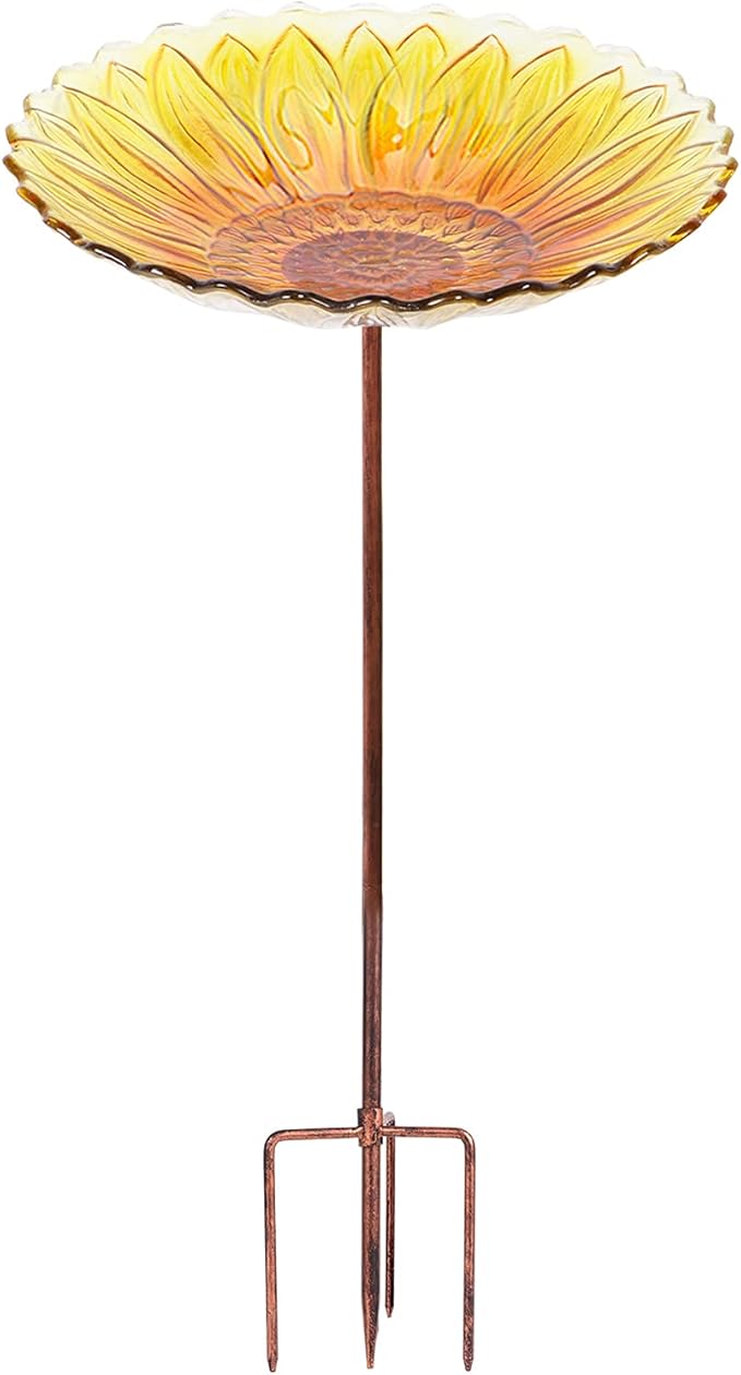 MUMTOP Glass Bird Bath, Garden Outdoor Birdbaths Birdfeeder with Metal Stake Sunflower