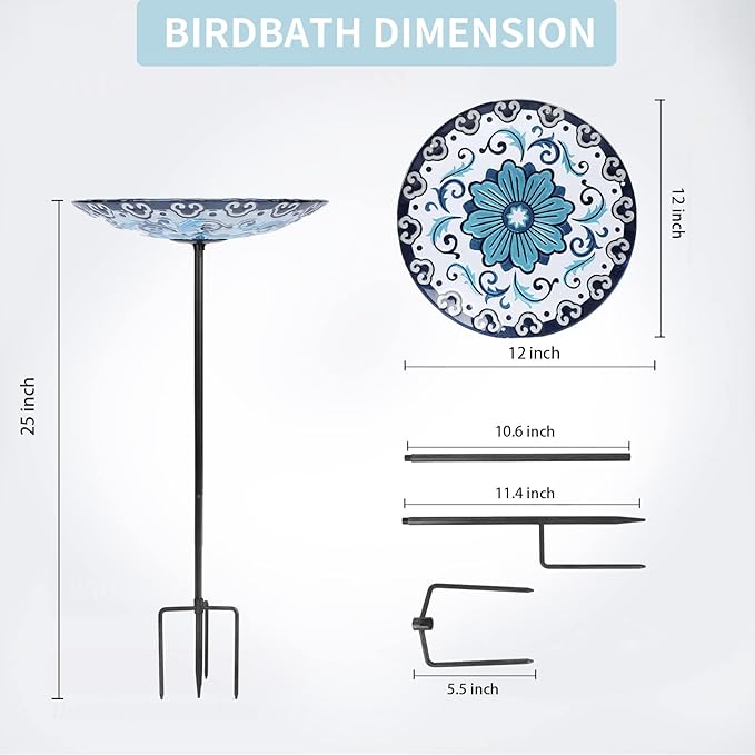 MUMTOP Glass Bird Baths, Garden Outdoor Birdbaths Birdfeeder with Metal Stake for Outside Yard Lawn, Blue