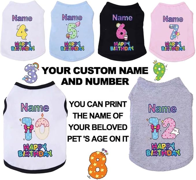 Custom Dog Birthday Shirt,Personalized Pet Apparel Print with Name Age Number,Pet Birthday Outfit,Lightweight Breathable Cotton Vest for Small Medium Large Dogs Cat (Blue, 5X-Large)