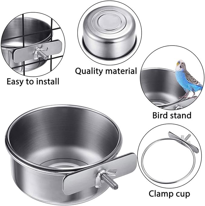6 pcs Bird Feeding Dish Cups, Parrot Stainless Steel Food Bowl Cage Water Feeder with Clamp Holder for Parrots Cockatiel Budgies Lovebird Parakeet Feeding Cups with 6 Spoon