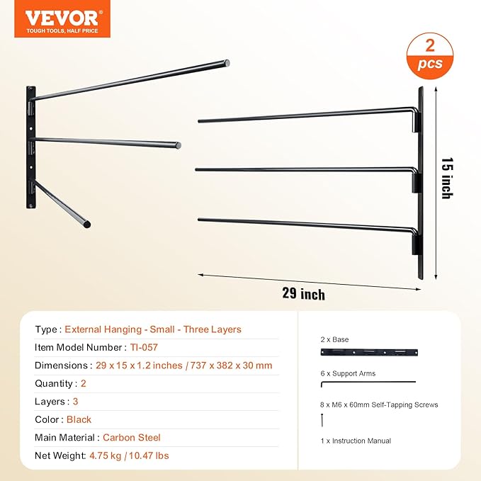 VEVOR Wall Mounted Saddle Rack, 2 Packs Swing Out Saddle Holder, Three Tiers Horse Saddle Stand, Space Saving Horse Pad and Blanket Rack for Tack Room Organization, 29 x 15 x 1.2 in