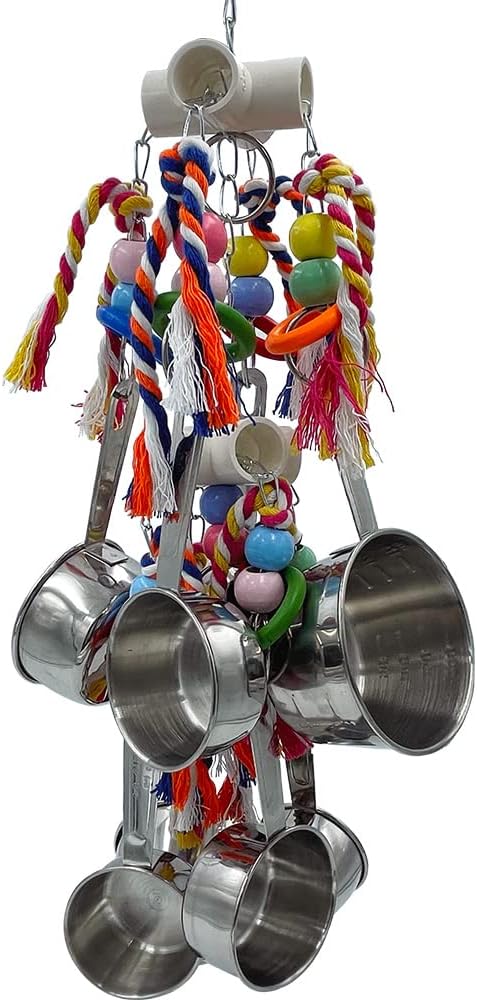 New Upgraded Metallic Pots and Multicolored Ring Toys, Pullable 8 Stainless Steel Cups and 8 Wooden Ring Toys for Large and Extra Large Parrot Amazons Macaws African Greys Cockatoos Eclectus
