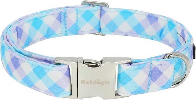 Cotton Collar for Dog，Soft Adjustable Dog Collars for Large Dogs, Cute Dog Collar with Blue & White Plaid for Small Medium Large Dogs, Perfect for Girl or Boy Dog Collars-L