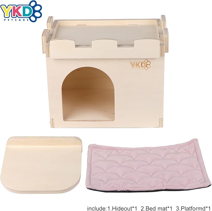 Castle Chinchilla House, Small Animal Hideout for Chinchilla, Guinea Pig, Hedgehog, or Rat, Ventilated Wooden Hamster Habitat with Multiple Doors, Made from Natural Wood
