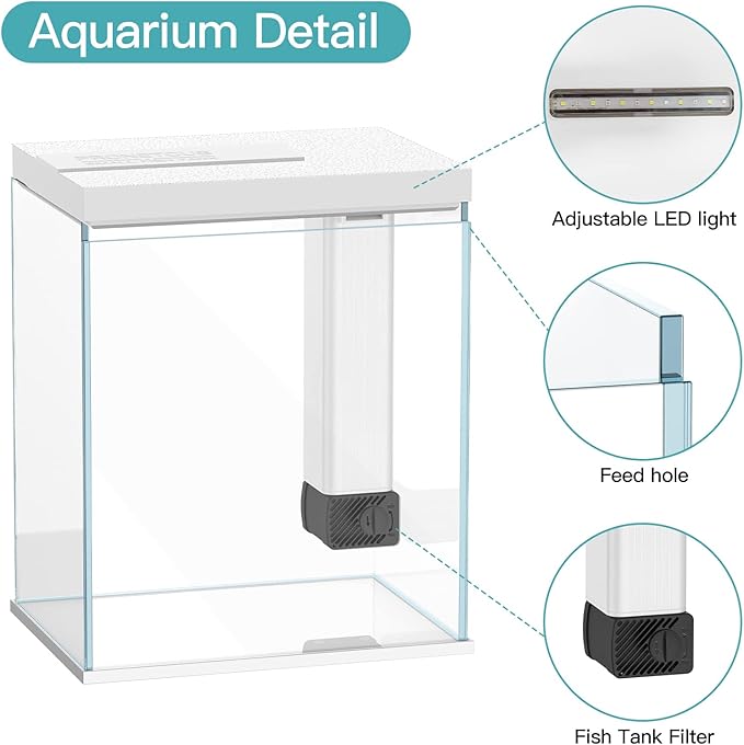 Betta Fish Tank, 2 Gallon Glass Aquarium Starter Kit, Small Fish Tank with Filter and Light.(White)