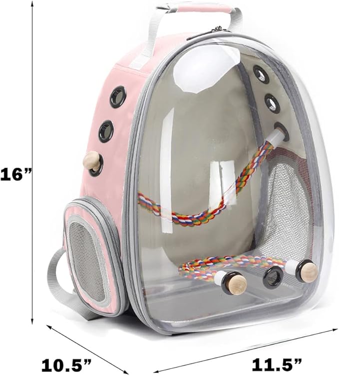 Bird Traval Carrier Cage, Clear Space Capsule Astronaut Backpack to Carry Parakeet Cockatiel Parrot with Metal Tray Bird Feeder and Wood Perch, Vet Transport Bag