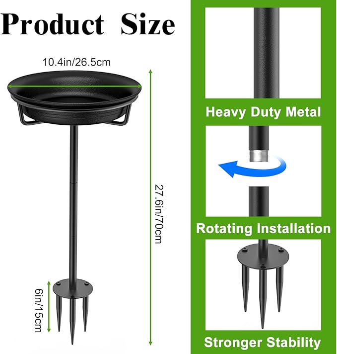 Bird Baths for Outdoors, Detachable Birdbaths for The Garden Clearance, Freestanding Bird Baths for Outdoors Heavy Duty, Bird Bath Bowl Spa & Birdfeeder with Metal Stake Stand (Black)