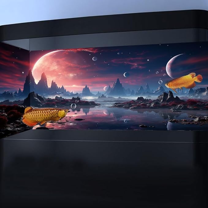 30X12IN Cosmic Spaceterrarium Background, Cool Parallel Space Themed Aquarium Reptile Habitat Background, Red Moon Aquarium Background with 10EVA Double-Sided Tape