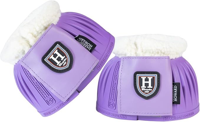 Harrison Howard Rubber Pull-on Bell Boots with Fleece Lining and Extra-Large Leather Touch-Close Tape Hoof Overreach Protection for Horses Sold in Pairs Violet XL