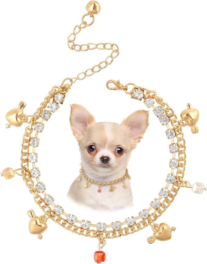 HOWWFALY Dog Collar and Cat Chain Necklace Stainless Steel Adjustable 18K Gold Heart-Shaped Rhinestone Necklace with Bell Accessory for Small Pets Cats Kitten Puppy