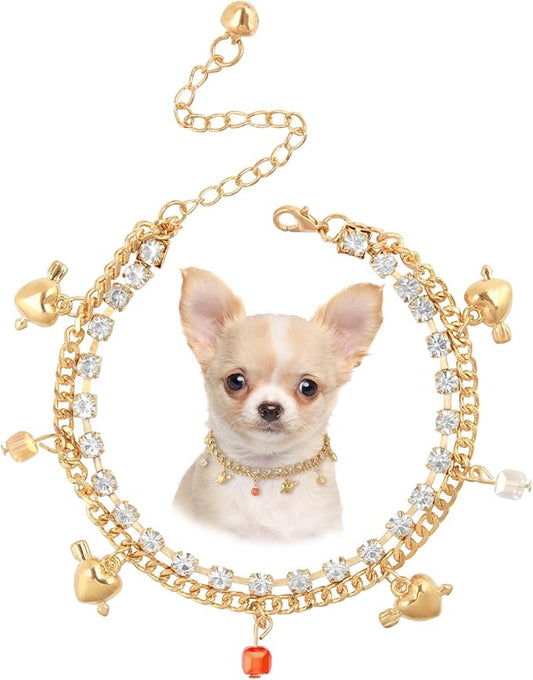 HOWWFALY Dog Collar and Cat Chain Necklace Stainless Steel Adjustable 18K Gold Heart-Shaped Rhinestone Necklace with Bell Accessory for Small Pets Cats Kitten Puppy