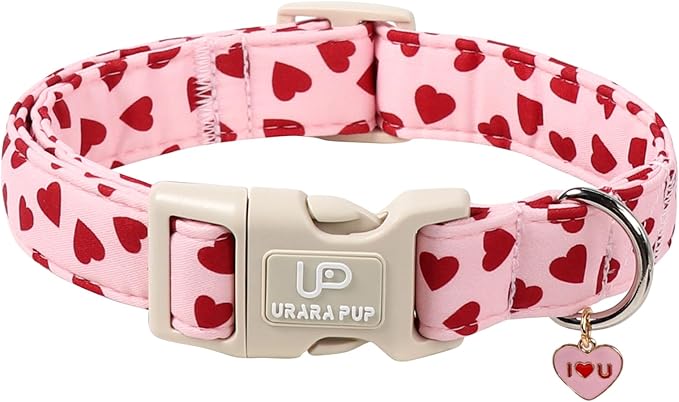 Valentine's Dog Collar, UP URARA PUP Pink Love Heart Adjustable Pet Collar with Bowknot Charm, Adorable Wedding Dog Accessories for Small Medium Large Dogs