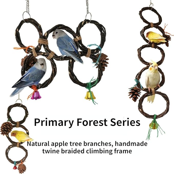 Circle Straw Bird Swing Stand Bird Perches Stand Hanging Chewing Toy for Parrots Bird Playground Cage Accessories Climbing Rope Net Ladders for Foraging Toys（Random Color） (3 Rings)