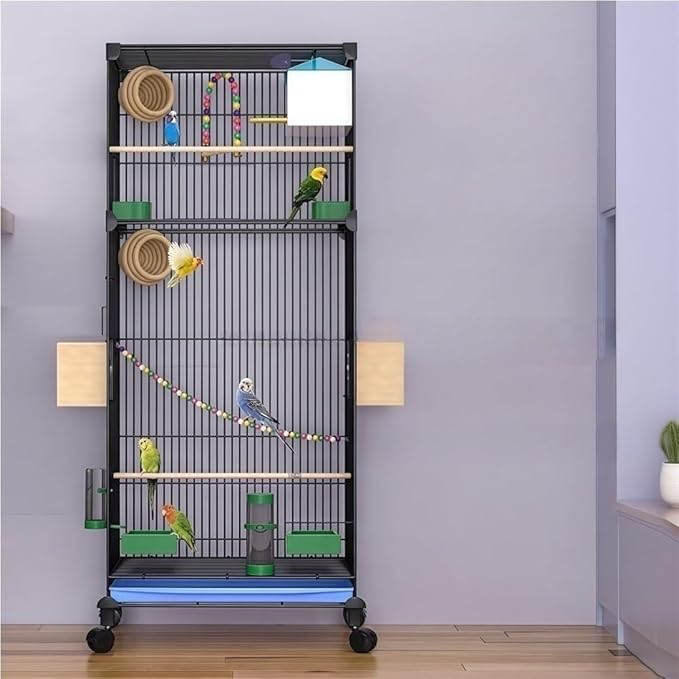 39.4-Inch Rolling Metal Bird Cage with Stand, Includes Grass Nest - Spacious Parrot Home for Budgies, Lovebirds, Canaries (Black)