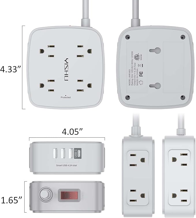6 Ft Surge Protector Power Strip - 8 Widely Outlets with 4 USB Ports, 3 Side Outlet Extender with 6 Feet Extension Cord, Flat Plug, Wall Mount, Desk USB Charging Station, ETL, Grey