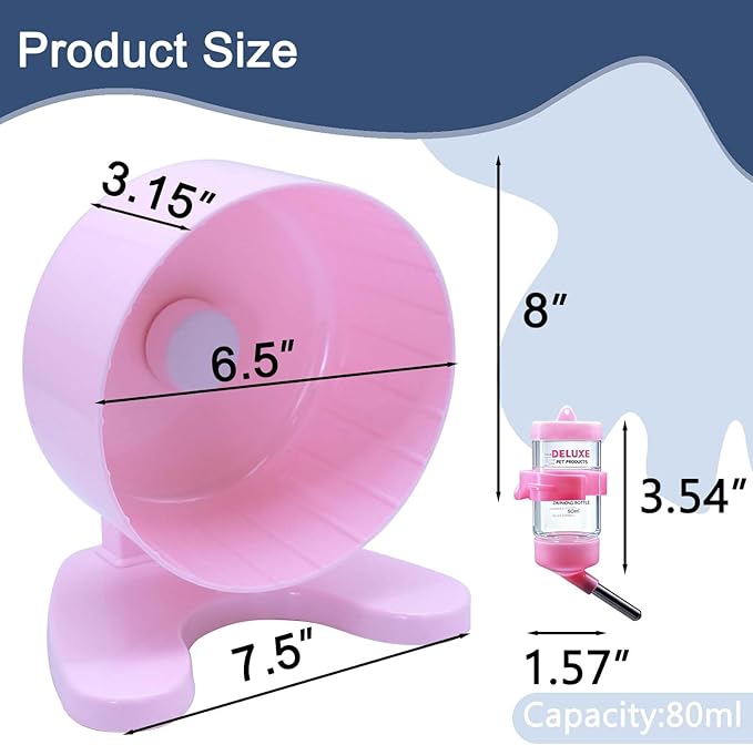 6.5" Super Silent Hamster Wheel with Stand & Water Bottle – Ultra Quiet Exercise Running Wheel for Gerbils, Syrian & Dwarf Hamsters, Chinchillas, Small Pets – Noiseless Spinning Design, Pink