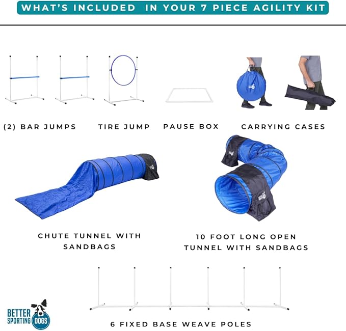 Better Sporting Dogs Agility Course Backyard Set - 7pc Indoor and Outdoor Agility Training Equipment for Dogs - 3 Jumps - 2 Tunnels with Sandbags - Weave Poles for Dog Obstacle Training