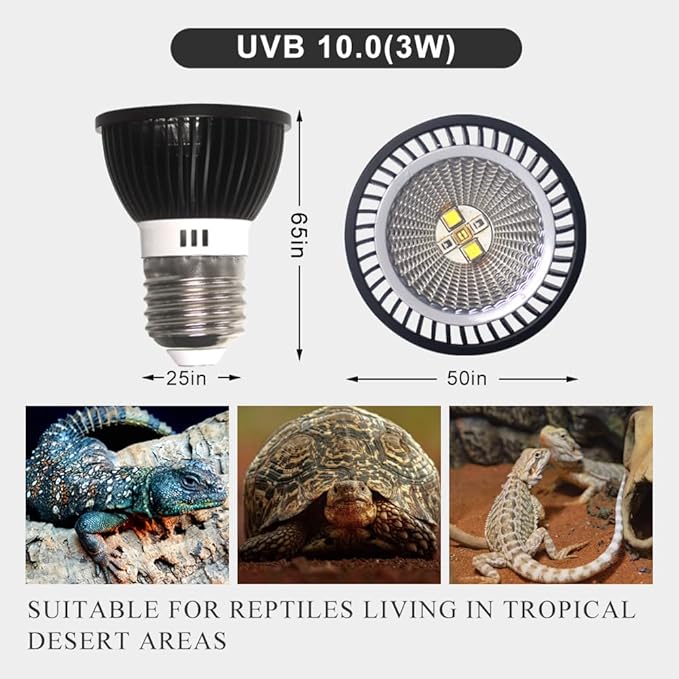 UVB Reptile Heat Lamp Bulbs, UVB Reptile Light Bulb, 3-Watt 10.0 UVA UVB Full Spectrum Light Bulb for Snake, Bearded Dragon, Lizard, Tortoise(Desert UVB10.0)