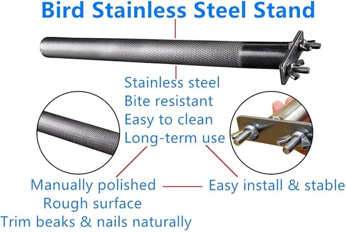 Bird Perch Stainless Steel Stand Parrot Rod Grinding Claws Trimming Beak Nails Grinding Stick Exercise Platform for Parakeet Cockatiel Conure African Grey Macaw Finch Bird Cage Accessories (L)