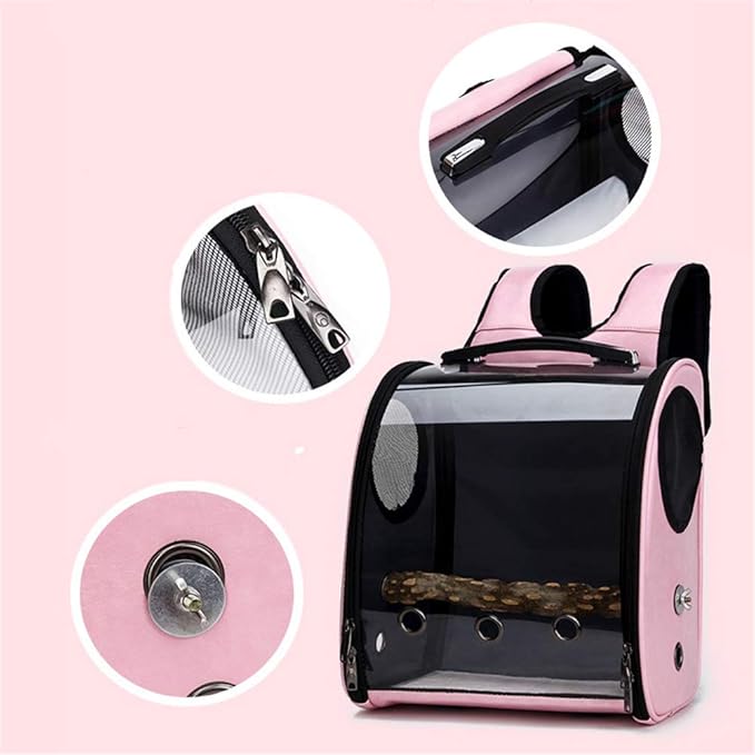 Bird Carrier Clear Parrot Outing Backpack APET Transparent Acrylic Bird Travel Carrier Parrot Travel Cage Panoramic Pet Backpack for Puppy Kitten 33x38x17cm (Pink)
