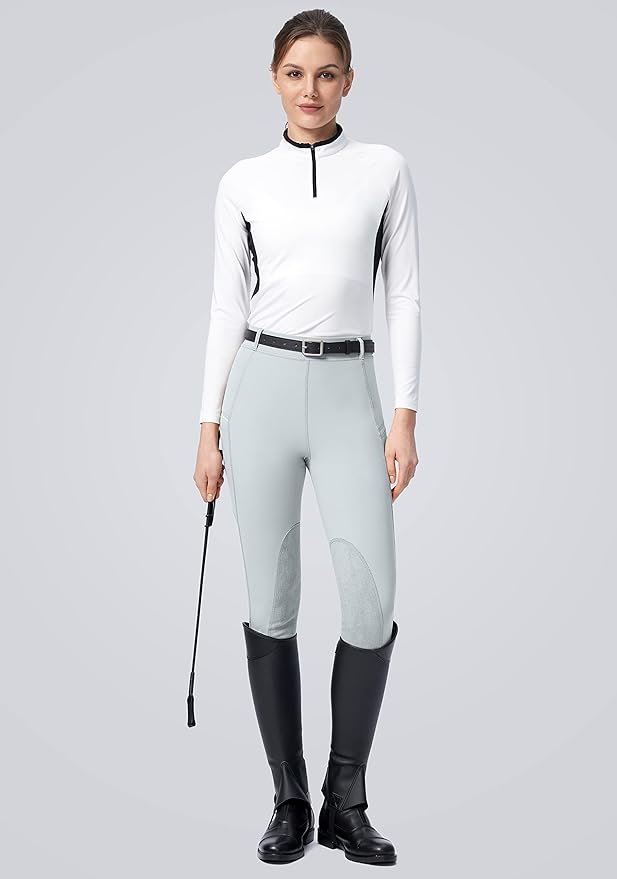 SANTINY Women's Horse Riding Pants with Zipper Pockets Knee-Patch Schooling Tights Equestrian Breeches for Women