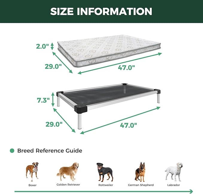 FXW TitanNest Chew-Proof Elevated Dog Bed, Raised Cot for Indoor/Outdoor/Camping Use, Durable & Waterproof Cooling Pet Bed with Exclusive Cover for Large Dogs, 47.0" L x 29.0" W x 7.3" H, Black