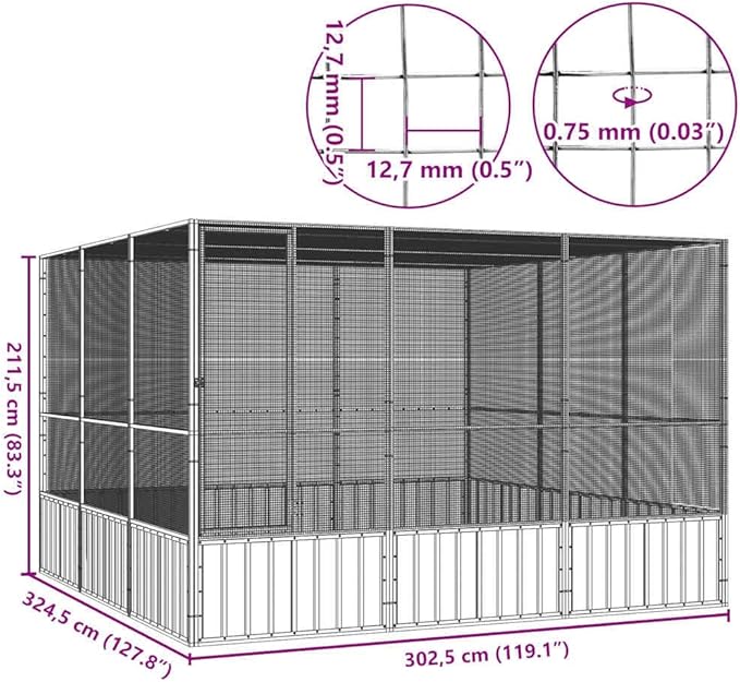 Metal Steel Large Bird Cage for Budgies, Pigeons, Galvanized Steel Birdcage Aviary House, 119.1"x127.8"x83.3", Gray,-674