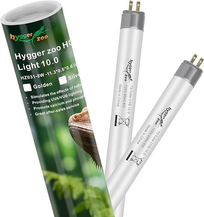 T5 UVB Reptile Light 8W 10.0 + UVA Light Bulb for Reptiles, 2-Pack Lamp Tube for Bearded Dragon, Desert-Grade Reptile UVB lamp Fixture