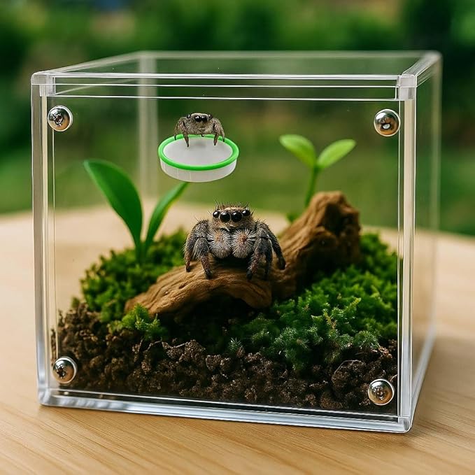 Jumping Spider Enclosure Accessories 4Pcs Magnetic Jumping Spider Feeding Dish Set, Reptile Feeding Tongs or Water Bowl Transparent PETG Material with Green Edge