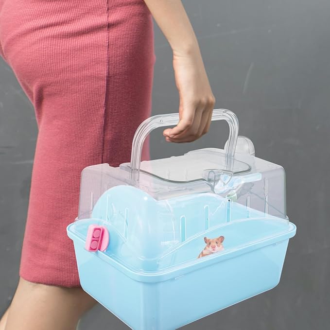 POPETPOP Small Animal Carrier Cage with Water Bottle - Portable Hamster Travel Cage with Handles for Hedgehog Hamster Rat Bearded Dragon Ferret Chinchillas (Sky-Blue) 11"*6.69"