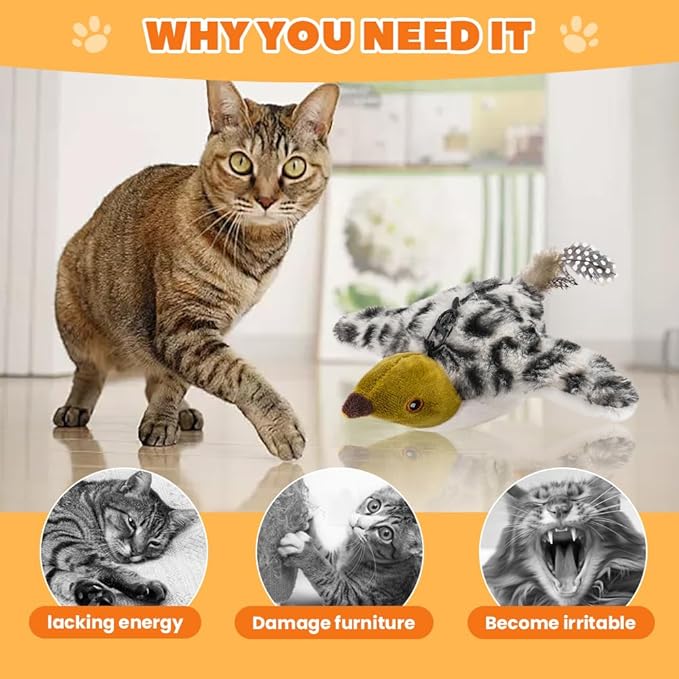 Flapping Bird Cat Toy, Interactive Chirping Bird Cat Toy, Simulated Chirping Bird Cat Toys Flapping Wings, Rechargeable, 3 Modes, Touch Activated (Sparrow #B)