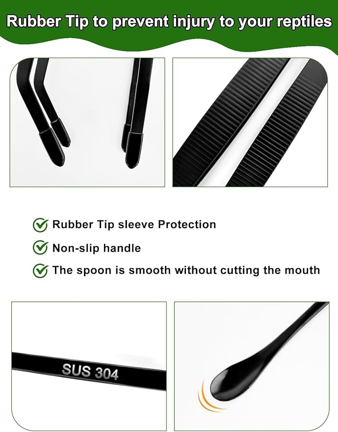 3PCS Reptile Feeding Tongs with Rubber Tips, 11.8-inch Stainless Steel Reptile Tongs and Spoon Long Feeding Tweezers for Turtles, Bearded Dragons, Geckos, Tree Frog, Tank Accessories