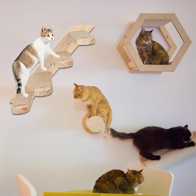 2 Pack 4 Steps Cat Wall Shelves, Wood Wall Mounted Stairs with Sisal Rope, Cat Climber/Ladder Furniture Climbing Shelves for Pet Perch & Play