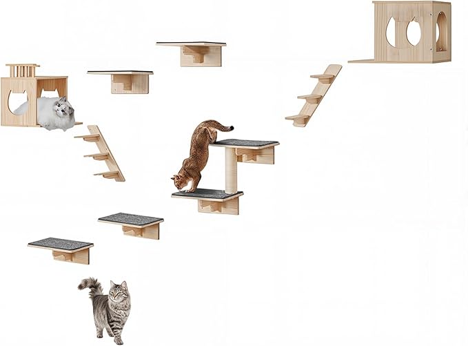 VEVOR Wall Mounted Cat Shelves, Cat Wall Shelves and Perches with Jumping Boards, Cat Beds, Hammocks & Cat Tree, Cat Furniture and Shelves up to 40 lbs for Sleeping, Playing, Climbing, Set of 9
