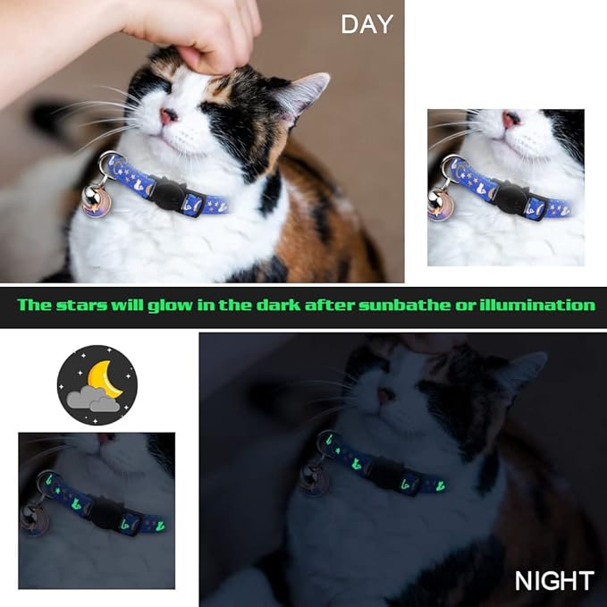 Baeuppit 2PCS Breakaway Cat Collars with Bell Moons Stars Cute Kitty Adjustable Safe Kitten Collars with Pendant Glow in The Dark(Black&Blue)