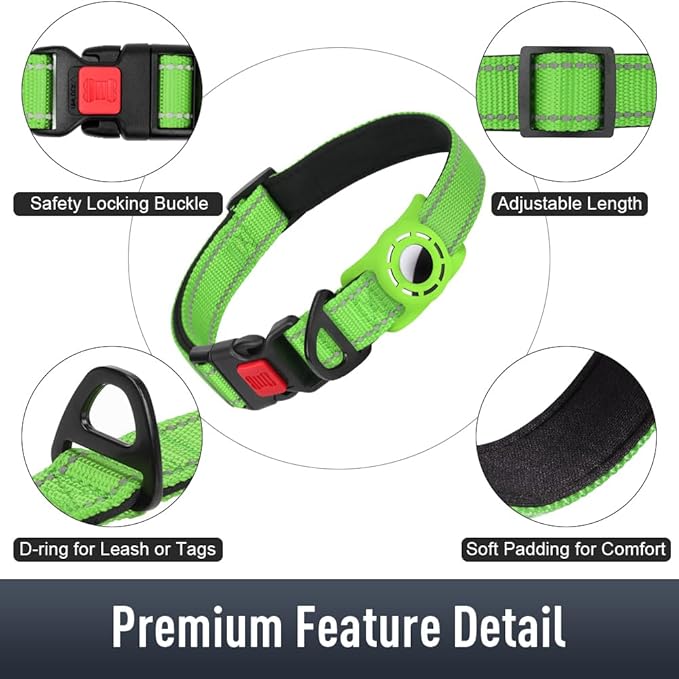 Airtag Dog Collar with AirTag Holder for Large Dogs, Reflective, Soft Padded & Safety Locking Buckle, Nylon Pet Collars Adjustable for All Breeds, Green,L