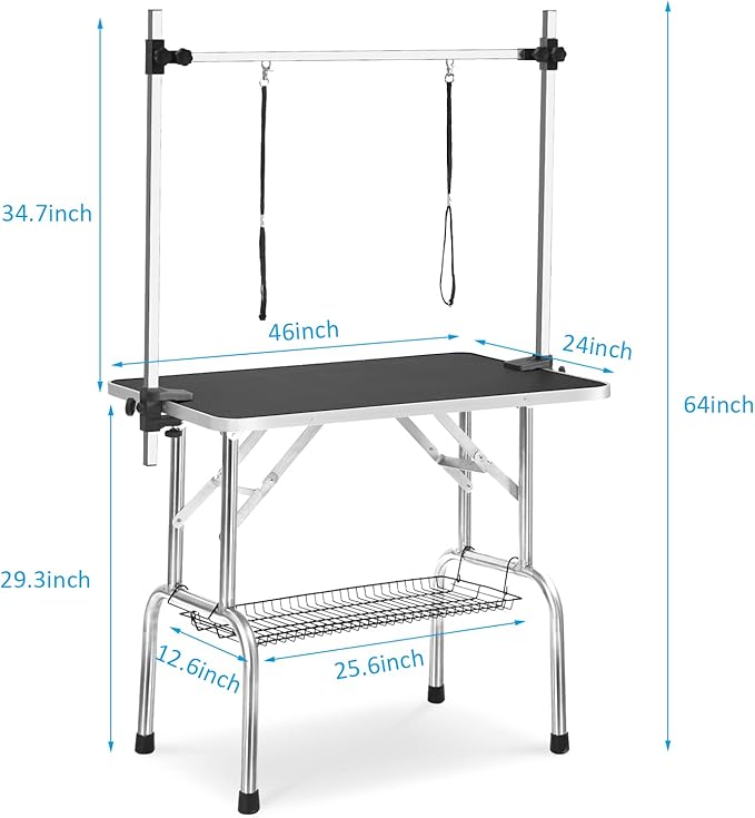 SoarFlash Pet Dog Grooming Table Foldable,Heavy Duty Foldable Pet Grooming Table with Arm & Noose & Mesh Tray, Maximum Capacity Up to 330lbs, 46inch, Black
