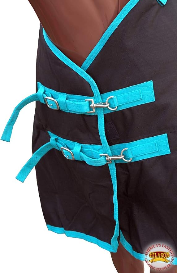 HILASON Black with Turquoise Trims 68 inch 1200D Winter Waterproof Poly Horse Turnout Blanket Belly Wrap