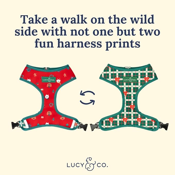 Lucy & Co. Cute Reversible Dog Harness Walking Halter - Best Designer Pet Harnesses for XS - XL Dogs - Padded Adjustable Vest for Easy Walking- Happy Howlidays - Seasonal - Large