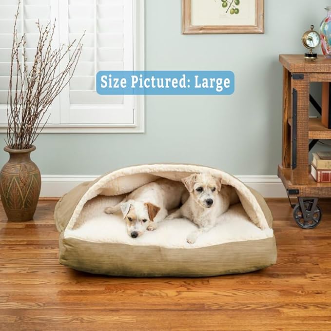 Snoozer Rectangle Cozy Cave Dog Bed - Indoor Dog Bed with Cover Cave, Covered Calming Burrow for Small & Medium Sized Pets with Blanket Attached, Enclosed, Washable - Medium, Khaki